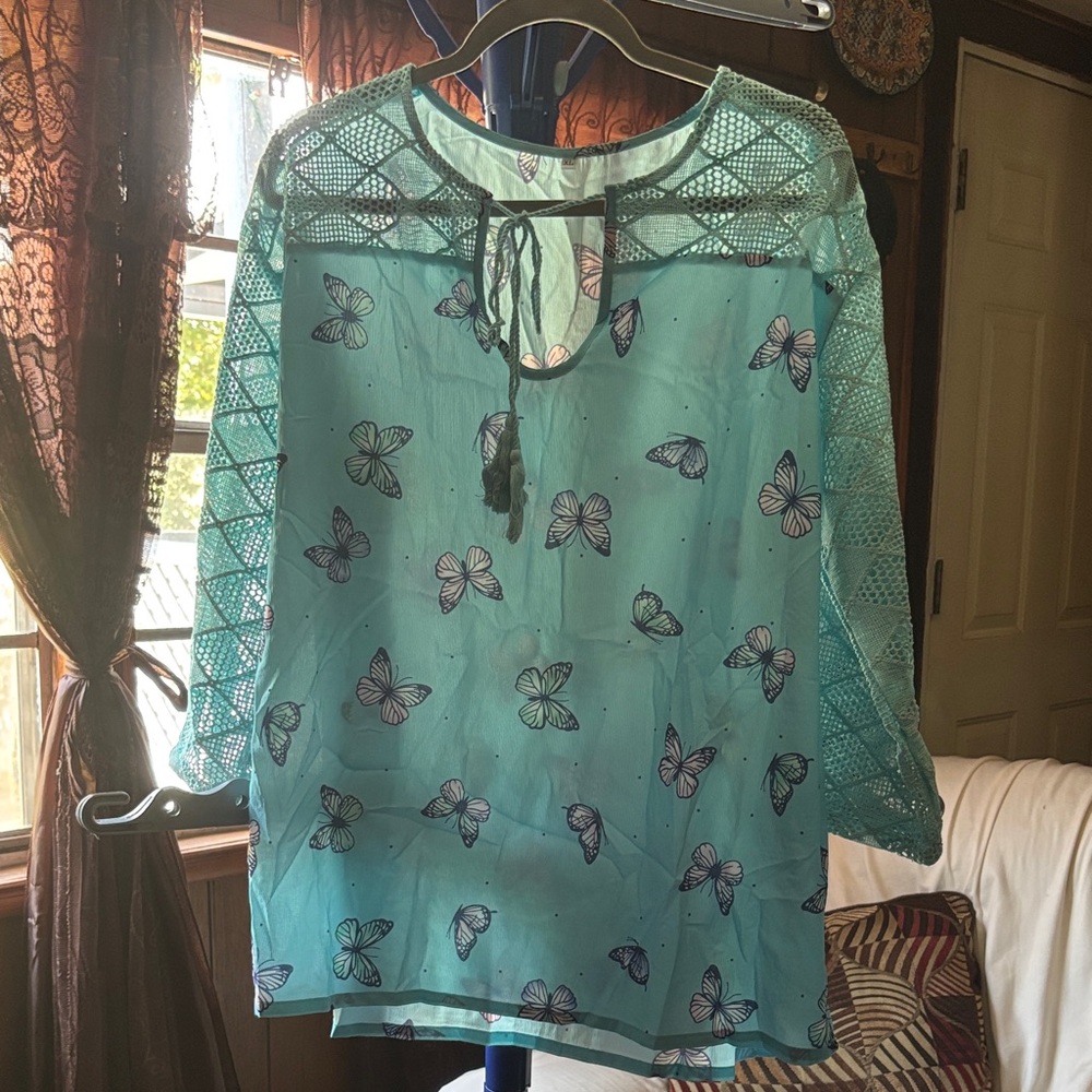Butterfly Print Teal Blouse